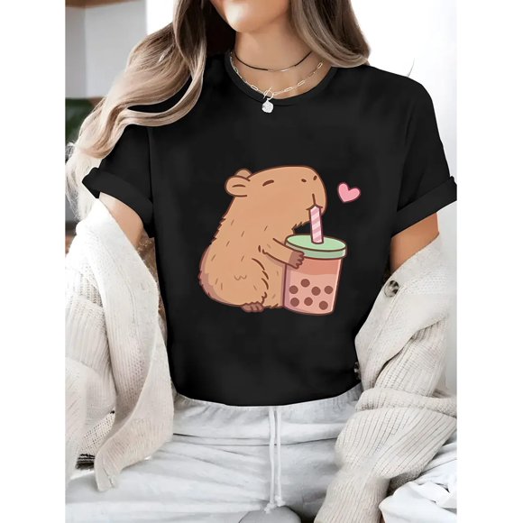 A Printed Design of 'Capybara Drinking Milk Tea', a Beautiful Piece of Clothing, a Joyful Gift, Round-Neck T-Shirt, Casual Short-Sleeve T-Shirt for Spring And Summer, Women'S Wear