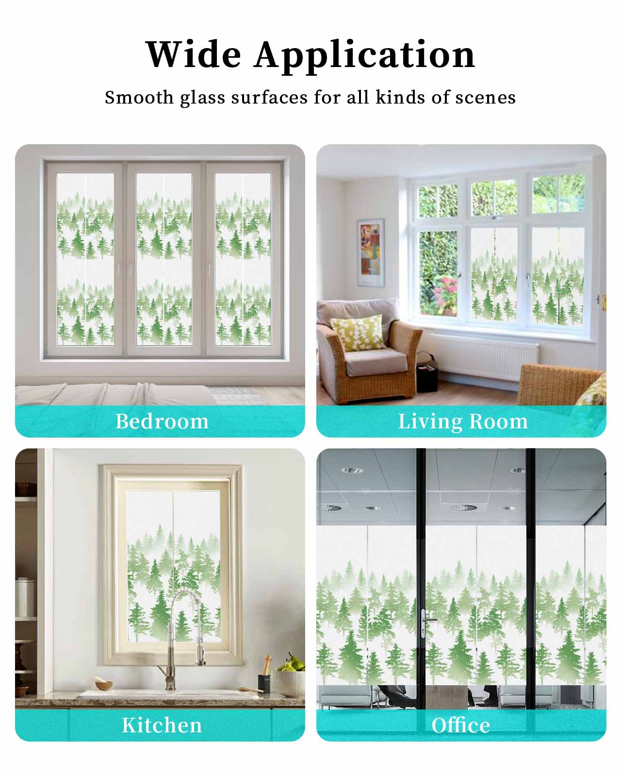 Window Privacy Film, Green Forest UV Sun Blocking Window Tint Film Heat Control One Way Blackout Window Film, Modern Abstract Silhouette Art Non Adhesive Static Cling Window Sticker 29.5x118 In