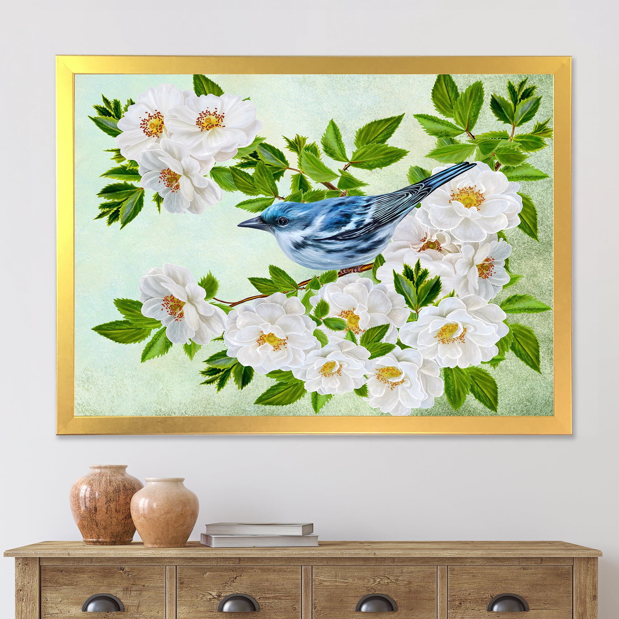 Designart 'Little Blue Bird Sitting On A Branch of White Rose Plant' Traditional Framed Art Print
