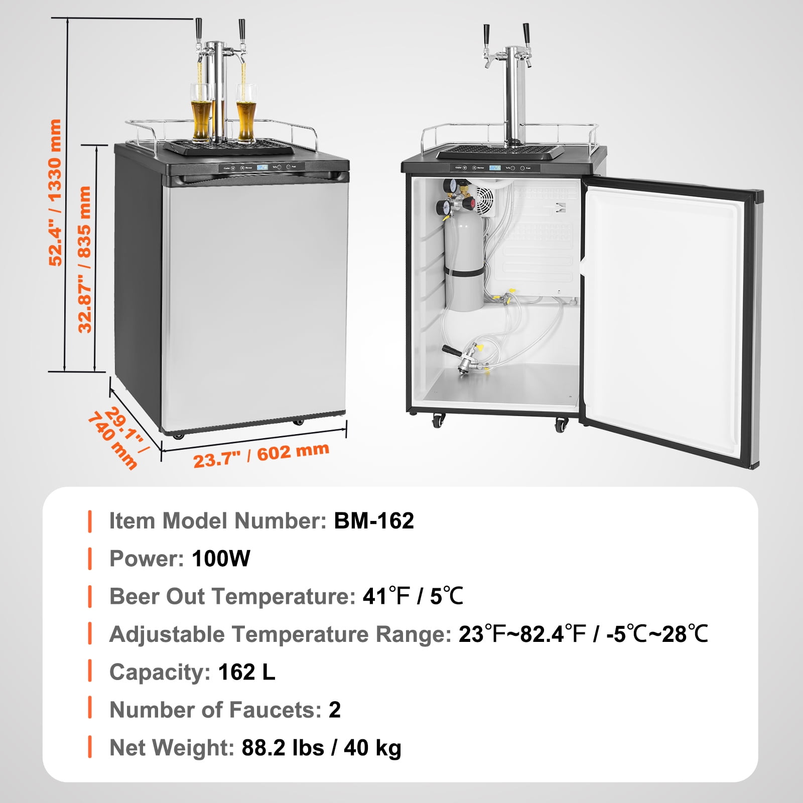 KFFKFF Dual Tap Beer Cooler, Keg Fridge with Shelf, CO2 Tank (Empty), Drip Tray & Guardrail, Temp Range 23°F-82°F, 162L Capacity, Silver