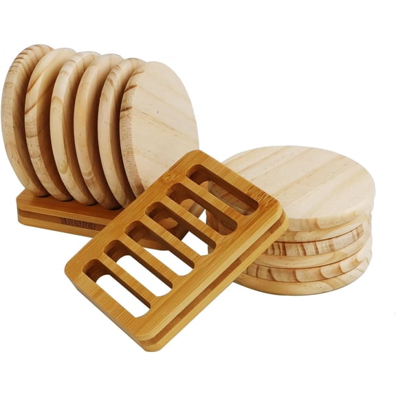 TIE-DailyNec 12 Pcs Unfinished Wooden Coasters with 2 Holders, Heat Resistant Coaster for Drinks, Wood Slices for Painting Engraving Home Decoration