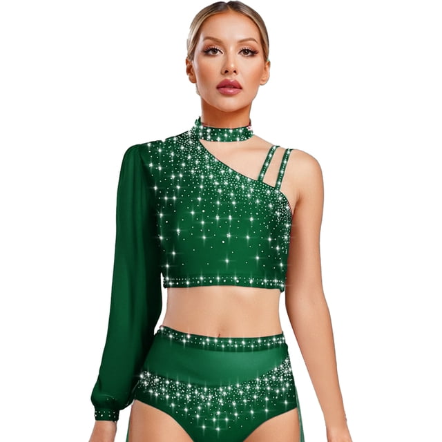 iiniim Women Shiny Rhinestone Dance Top Ballet Dance Adult Contemporary Shiny Crop Tops Green M