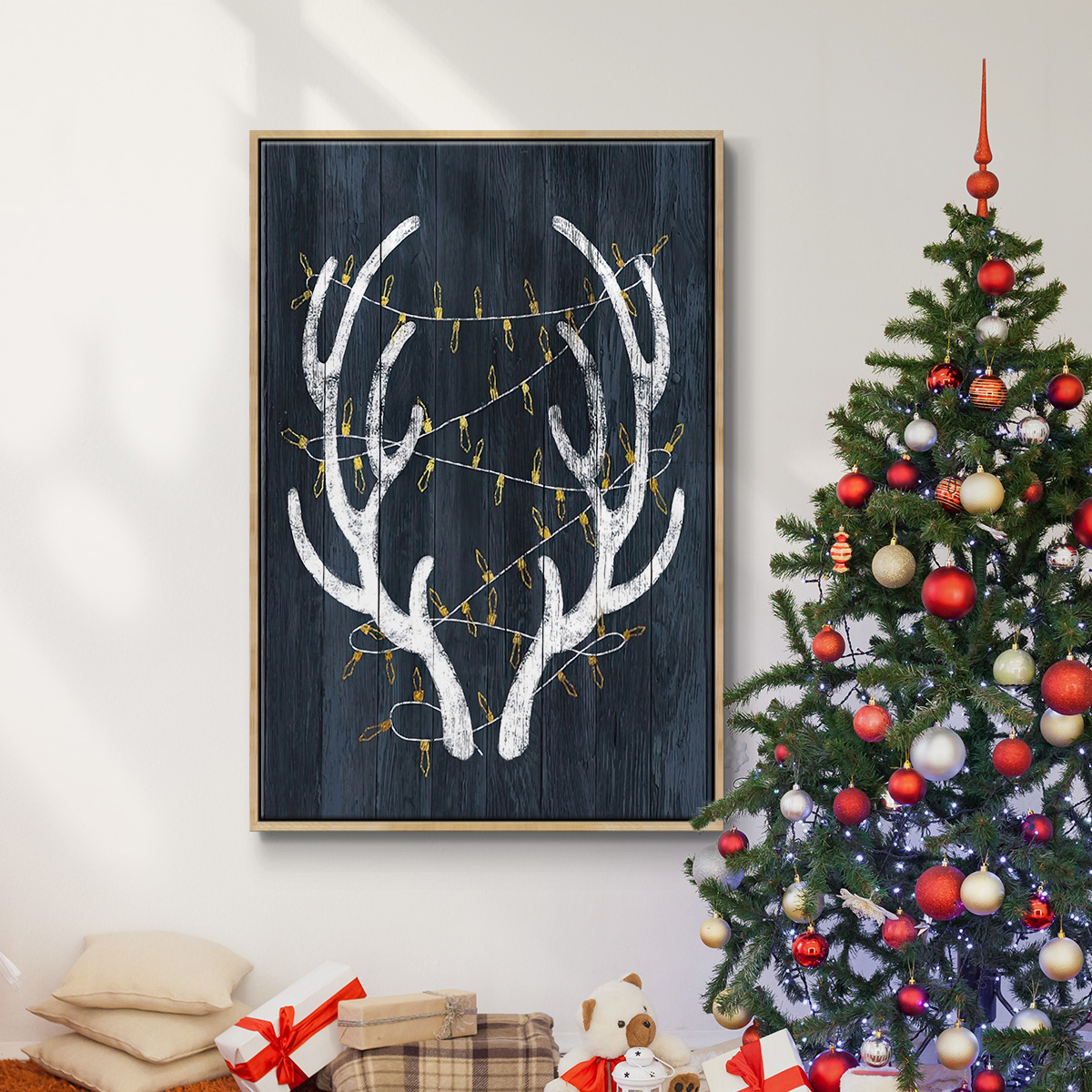 Antlers & Lights - Framed Gallery Wrapped Holiday Canvas - 25 x 37 - Natural Wood Frame
