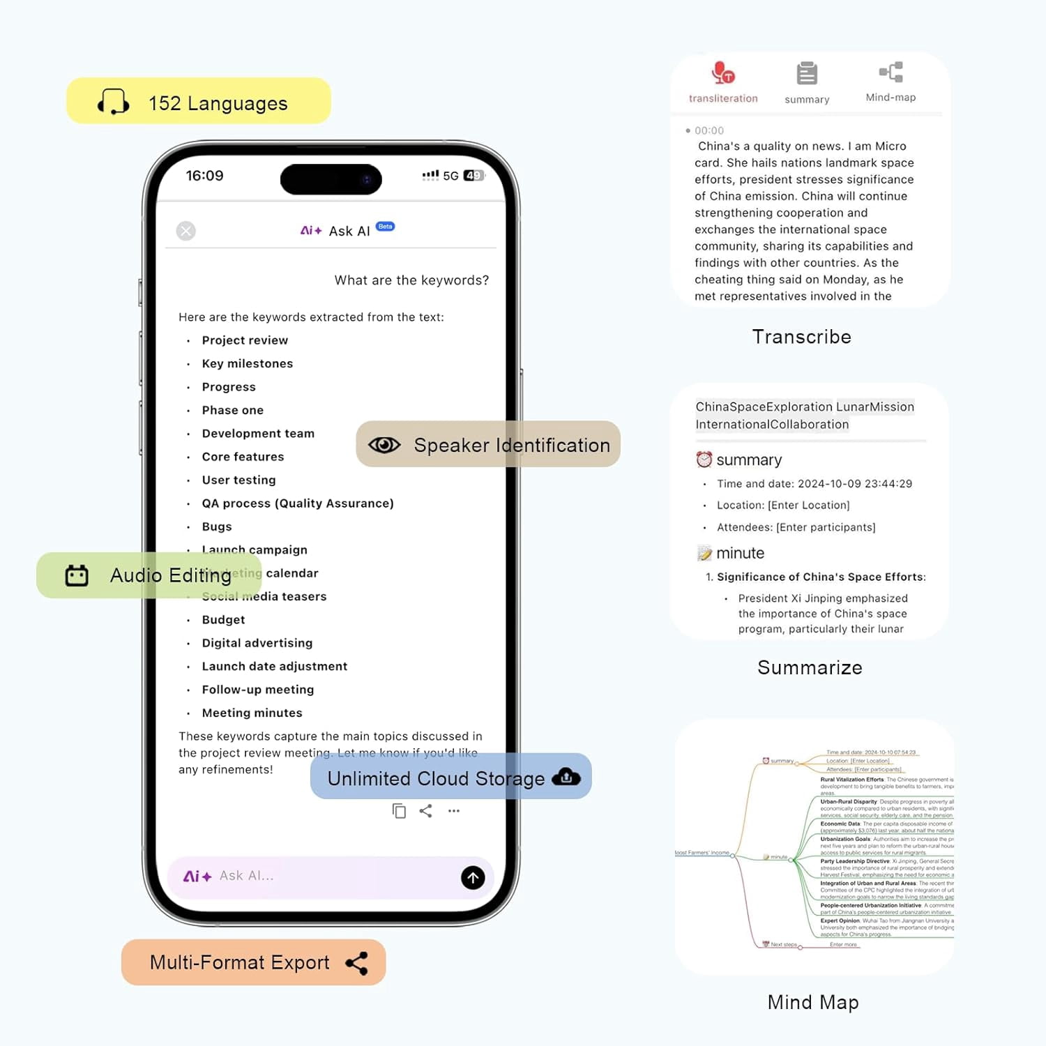 MUSICOZY AI Voice Recorder w/Case, AI Note Taker & App Control, Real-Time AI Transcription and Summary, Noise Cancellation, 152 Languages, 64GB Digital Audio Recorder for Meetings, Lectures & Calls