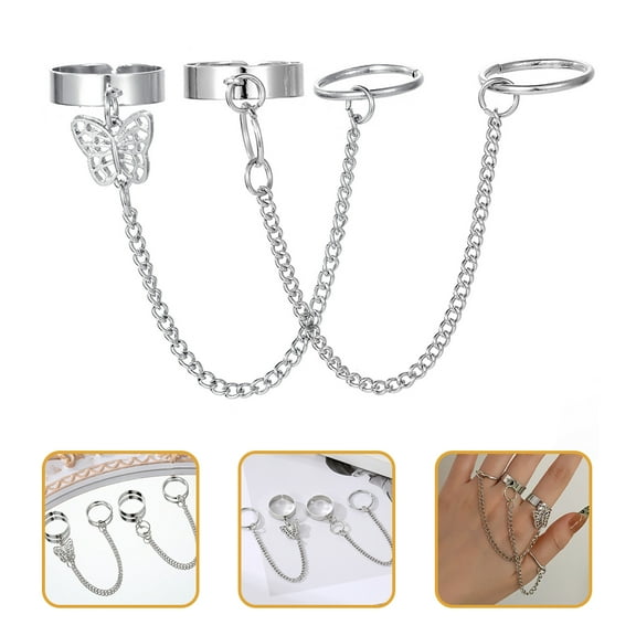 Soimiss 2Set Rings Adjustable Silver Chain Ring Punk Style for Women and Night Clubs