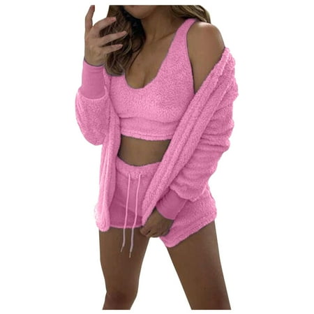 

Women Winter Fashion Warm Three Pieces Suit Soft Warm Flannel Shorts Pajamas Set Cute Cat Beard Hooded Sleepwear Set Sparkly Pajama Set for Women