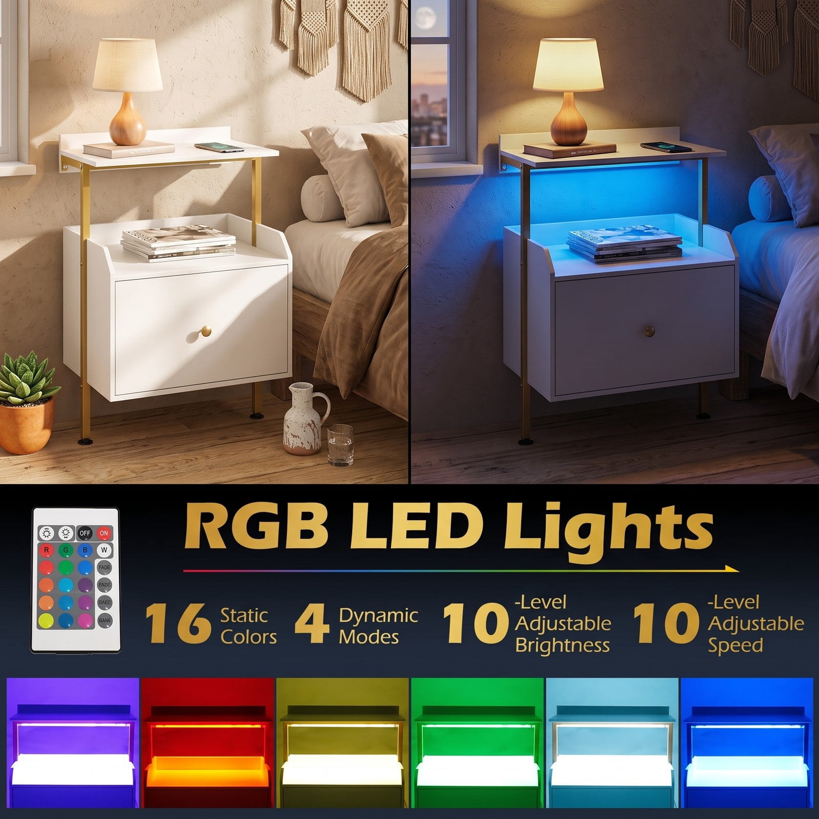 Furnibear Wall-mounted Nightstand with LED Lights and Charging Station, Floating Bedside Table with Open Shelves and Storage Drawer, White