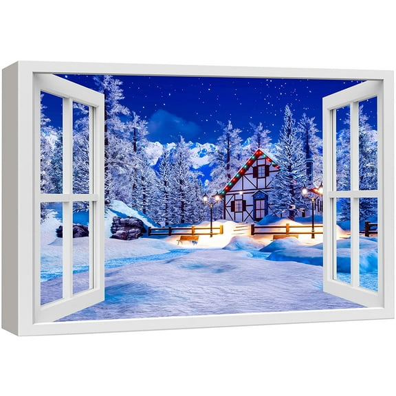 wall26 Canvas Print Wall Art Window View Snowy Christmas Forest Village Celebrations & Holidays Nature Photography Realism Landscape Colorful Multicolor for Living Room, Bedroom, Office - 32"
