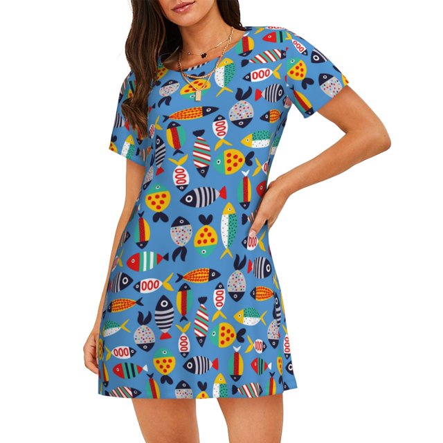 Fotbe Cute Flat Fish Bata de Dormir para Mujer con Estampado, Camisón de Algodón de Manga Corta, Ropa de Dormir Casual