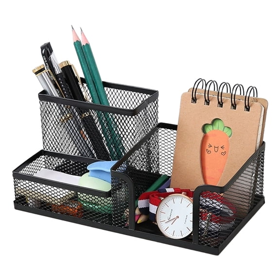 Metal Mesh Desk Organizer Black, 3 Compartment Pen Pencil Holder Desktop Caddy, Heavy Duty Iron Office Supply Storage Organizer for Home Office Workplace, 8.1"×4.1"×3.7"