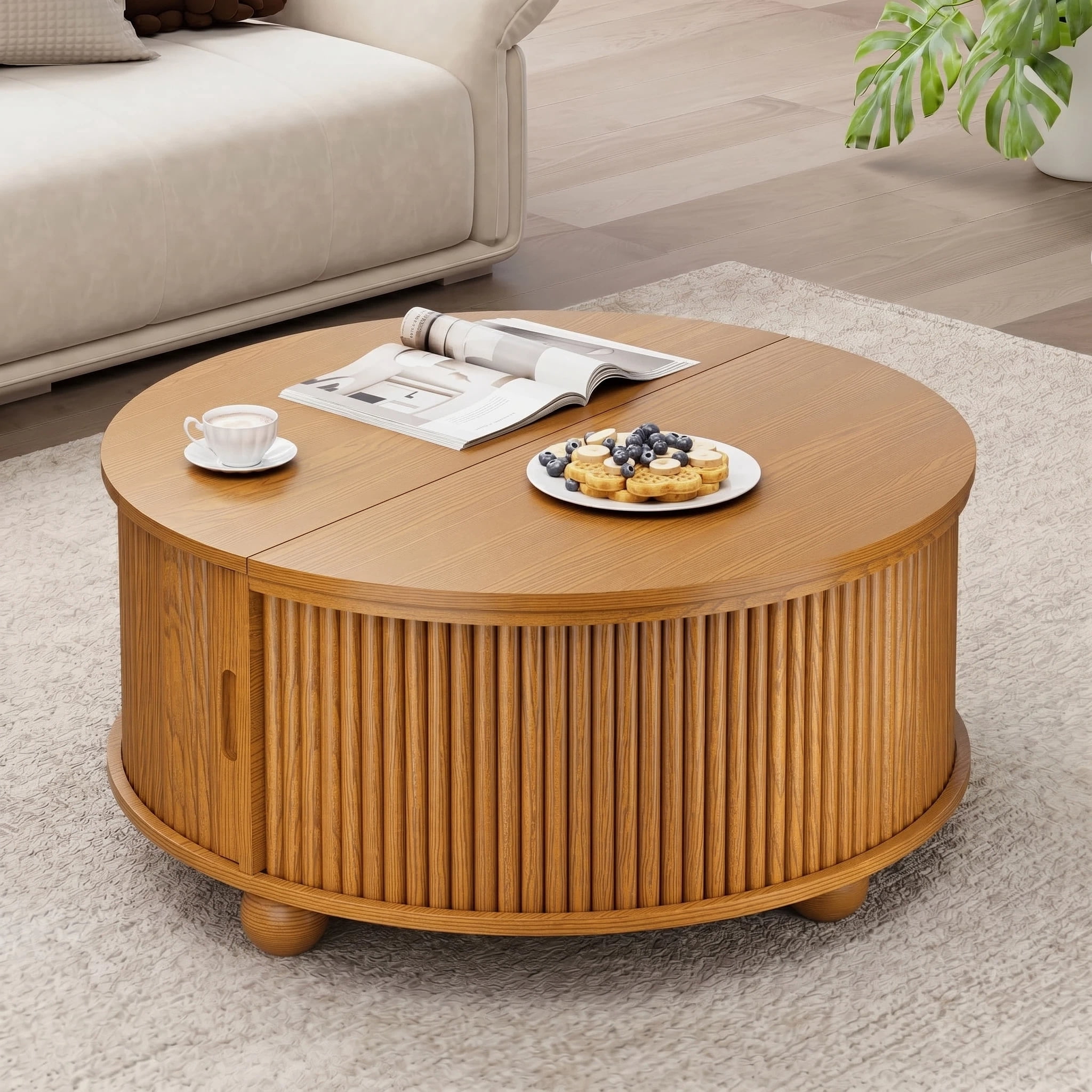 AISWORD 31.5" Fluted Round Coffee Table with Storage, Mid Century Modern Lift Top Drum Accent Table for Living Room Small Space, Yellow