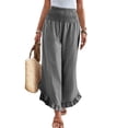 thumbnail image 3 of Women Linen Pants Summer Wide Leg Pants Smocked Waist Ruffle Hem Palazzo Pant Boho Flowy Beach Pant with Pocket, XL, 3 of 9