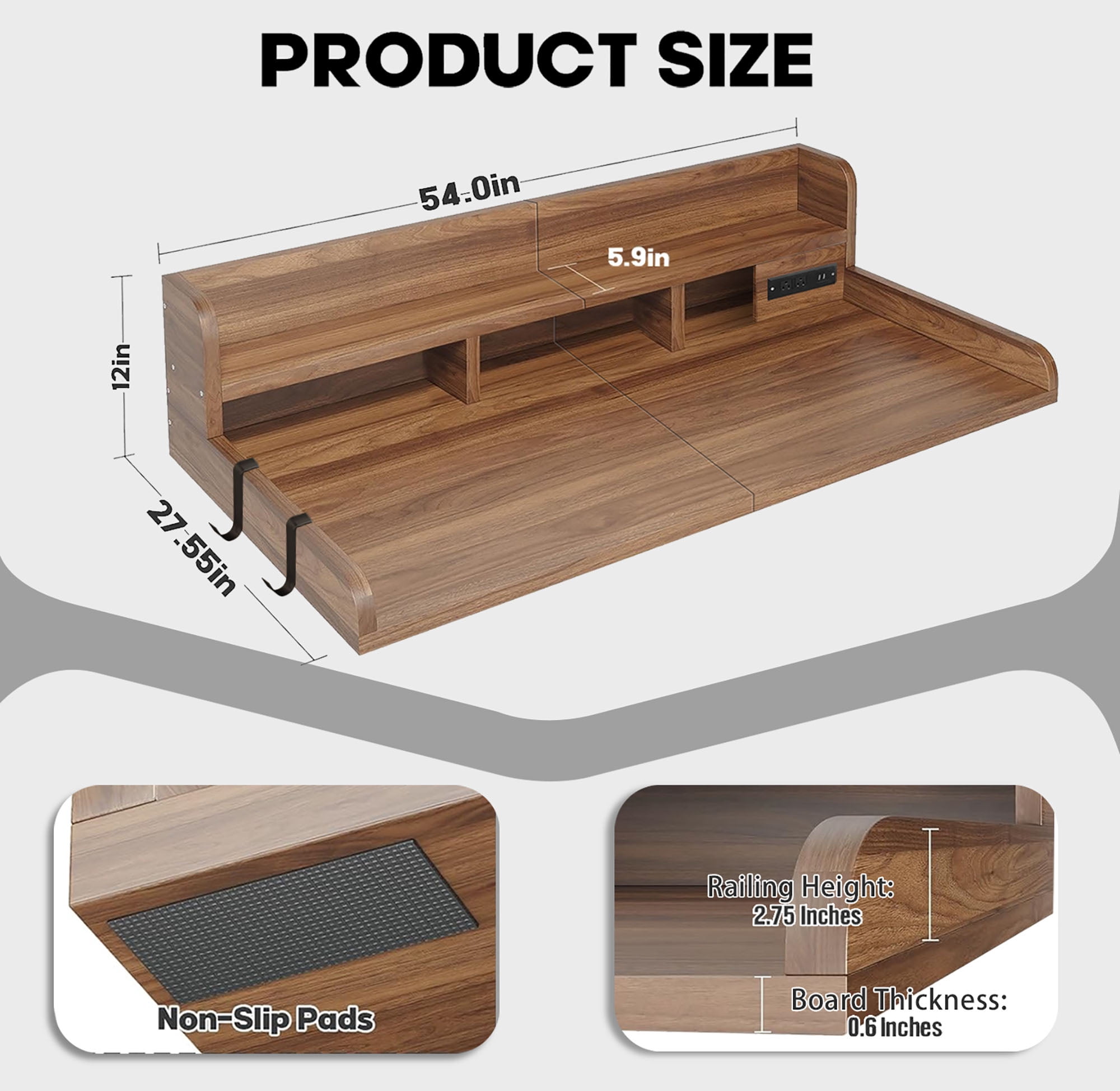 CQSXDA 54"Large 2-Tier Walnut Laundry Countertop With Power Outlet, Hooks & Non-Slip Pads for Folding and Storage