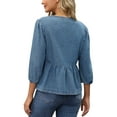 thumbnail image 3 of INSPIRAR CHIC Blusas de mezclilla para mujer con lazo en el frente, mangas abullonadas, dobladillo con volantes y peplum, camisetas de mezclilla XL azules, 3 of 6