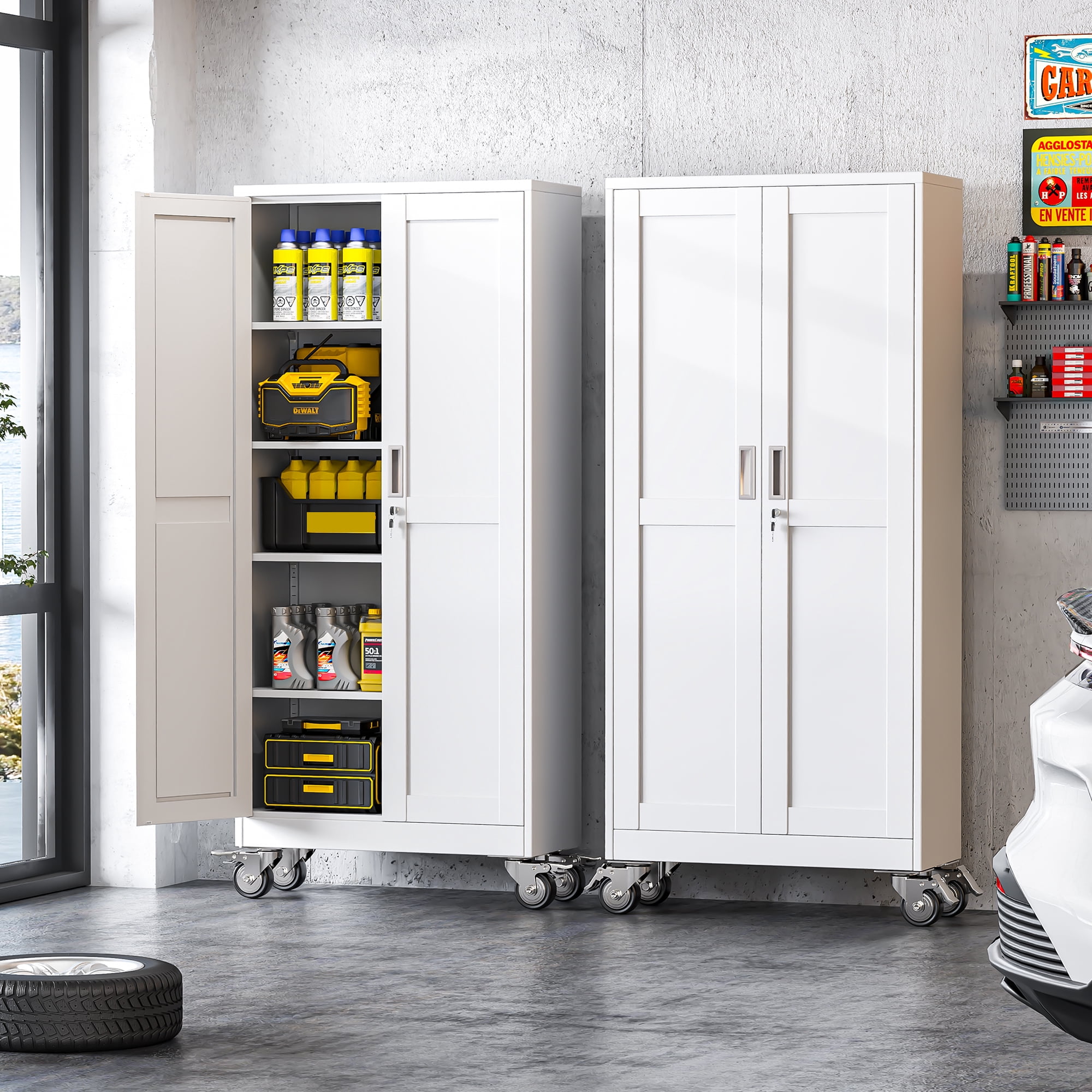 Erosoei 61"H Metal Garage Storage Cabinet with Wheels, Tool Storage Cabinet with 3 Adjustable Shelves