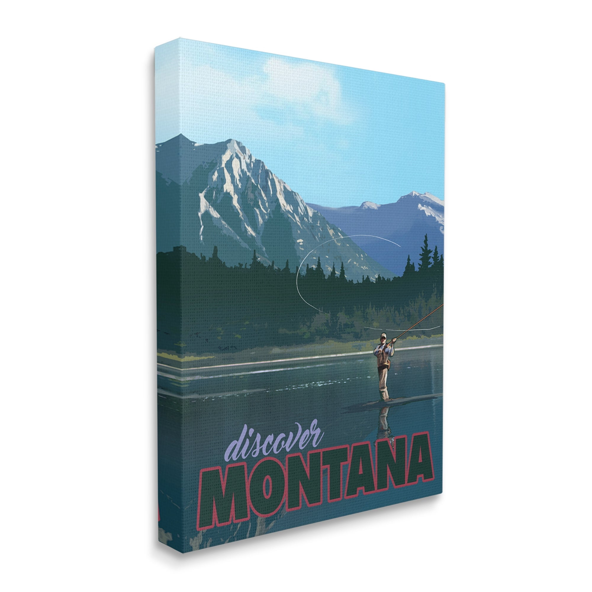 Stupell Industries Montana Travel Fly Fishing Lake Mountains Landscape Graphic Art Gallery Wrapped Canvas Print Wall Art, Design by David Owens Illustration