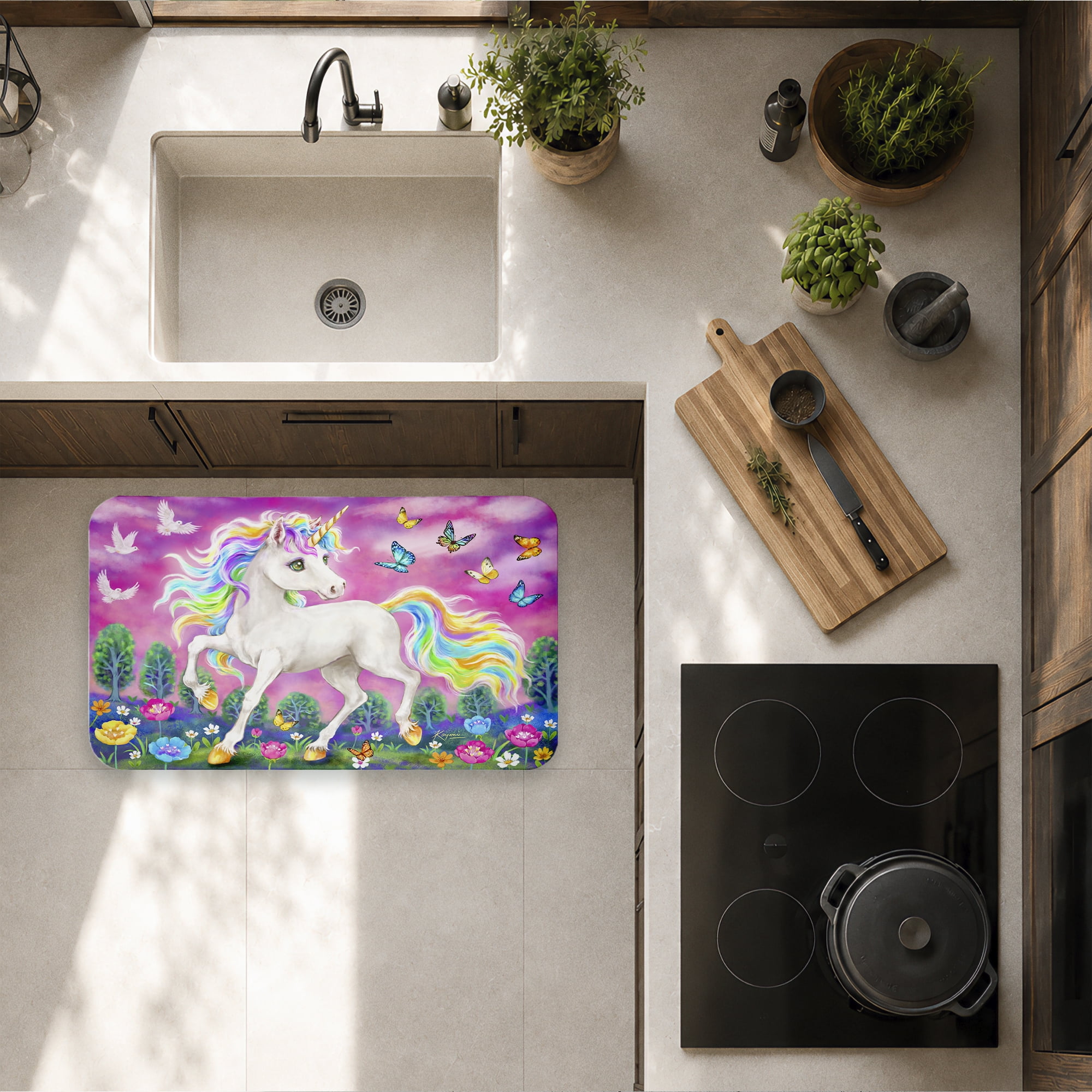 Stupell Industries Unicorn with Fluttering Butterflies Printed Anti-Fatigue Floor Mat, design by Kayomi Harai