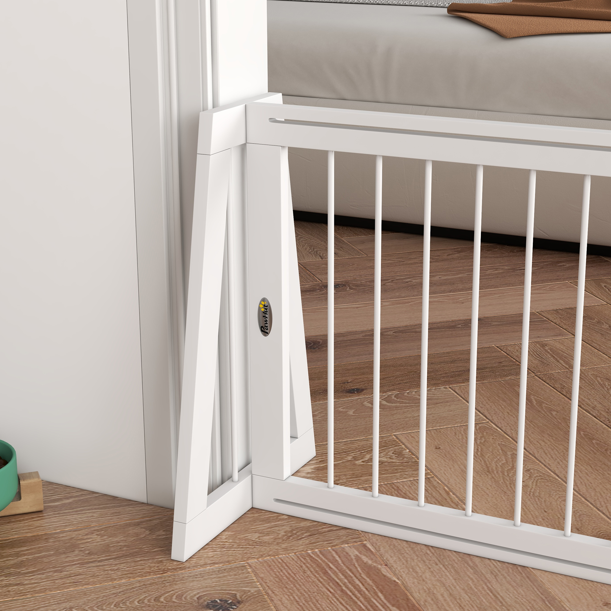PawHut Freestanding Pet Gate, Wooden Dog Gate with 28"-75" Retractable Length, Support Feet & Non-slip Mats for Indoor, Stairway, Doorway, White
