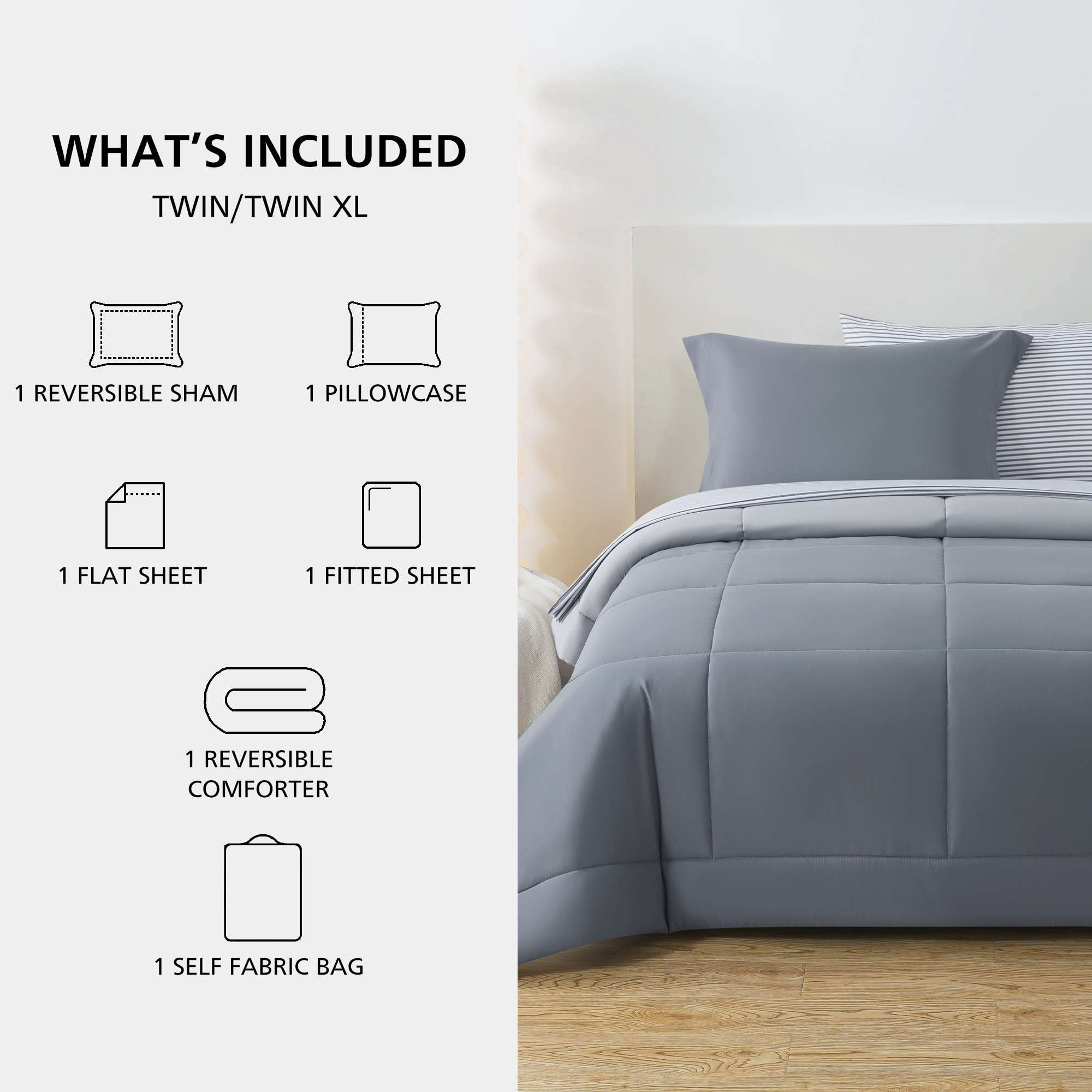 Mainstays All in One Reversible Comforter and Sheet Set, 5-Piece, Twin, Gray