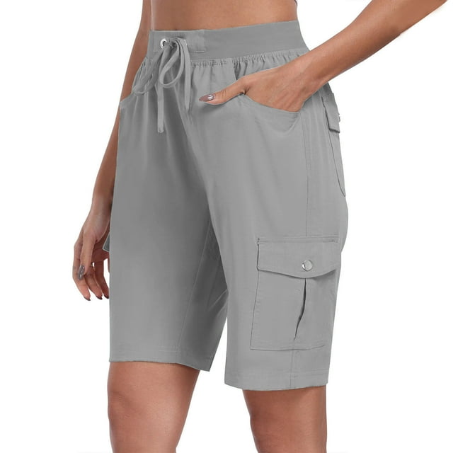 cfhntfmh Bermuda Cargo Shorts for Women Knee Length with Flap Pockets Drawstring Waist Shorts for Workout Hiking