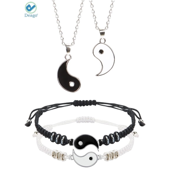Deago Yin Yang Friend or Couple Bracelet with Necklace Set, 2 Matching Yin Yang Adjustable Cord Bracelet Pendant Necklace Chain for Friendship Boyfriend Girlfriend Valentines Gift