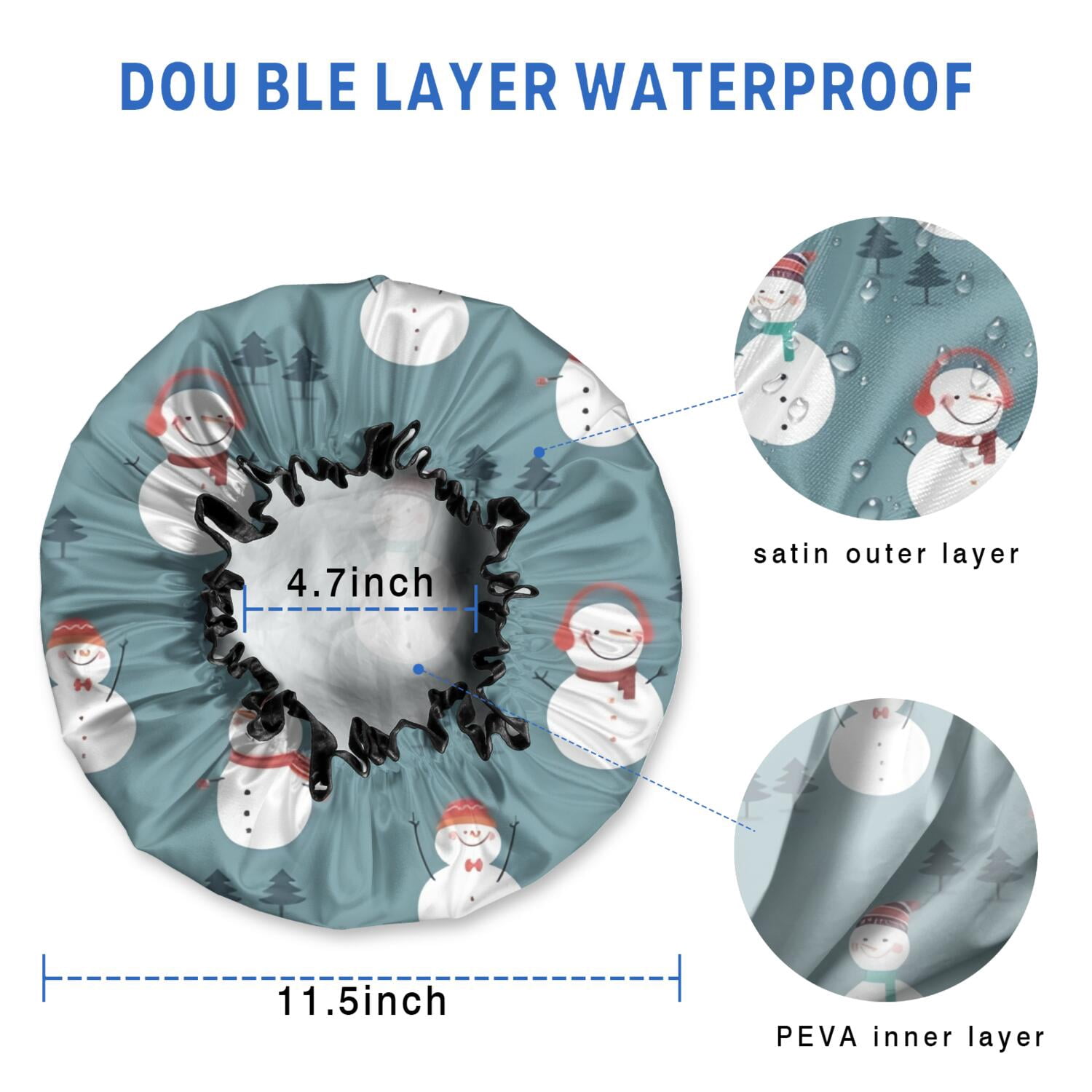Shower Caps,Blue Christmas Snowman Pattern Waterproof Shower Cap for Women 4 Pieces,Double Reusable Hair Cover for Shower PEVA Elastic Stretch Hem