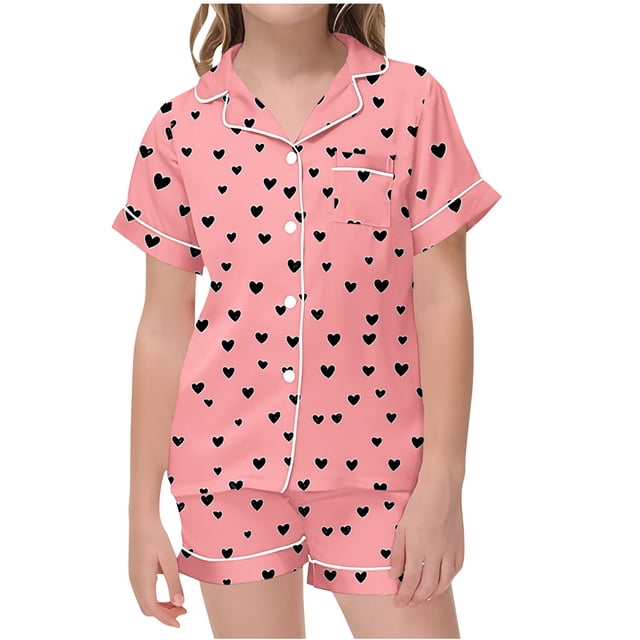Odeerbi 2-12 Años Niños Niñas Pijama de Verano de Satén Con Solapa de Muesca Camisas de Manga Corta Conjunto de Shorts Suave Estampado San Valentín Amor Ropa de Dormir