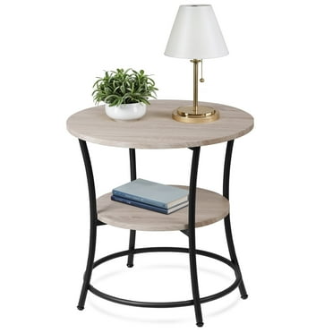 HomGarden Round Sofa Side Table Metal End Table Indoor 2-Tier Storage Shelves, Greige