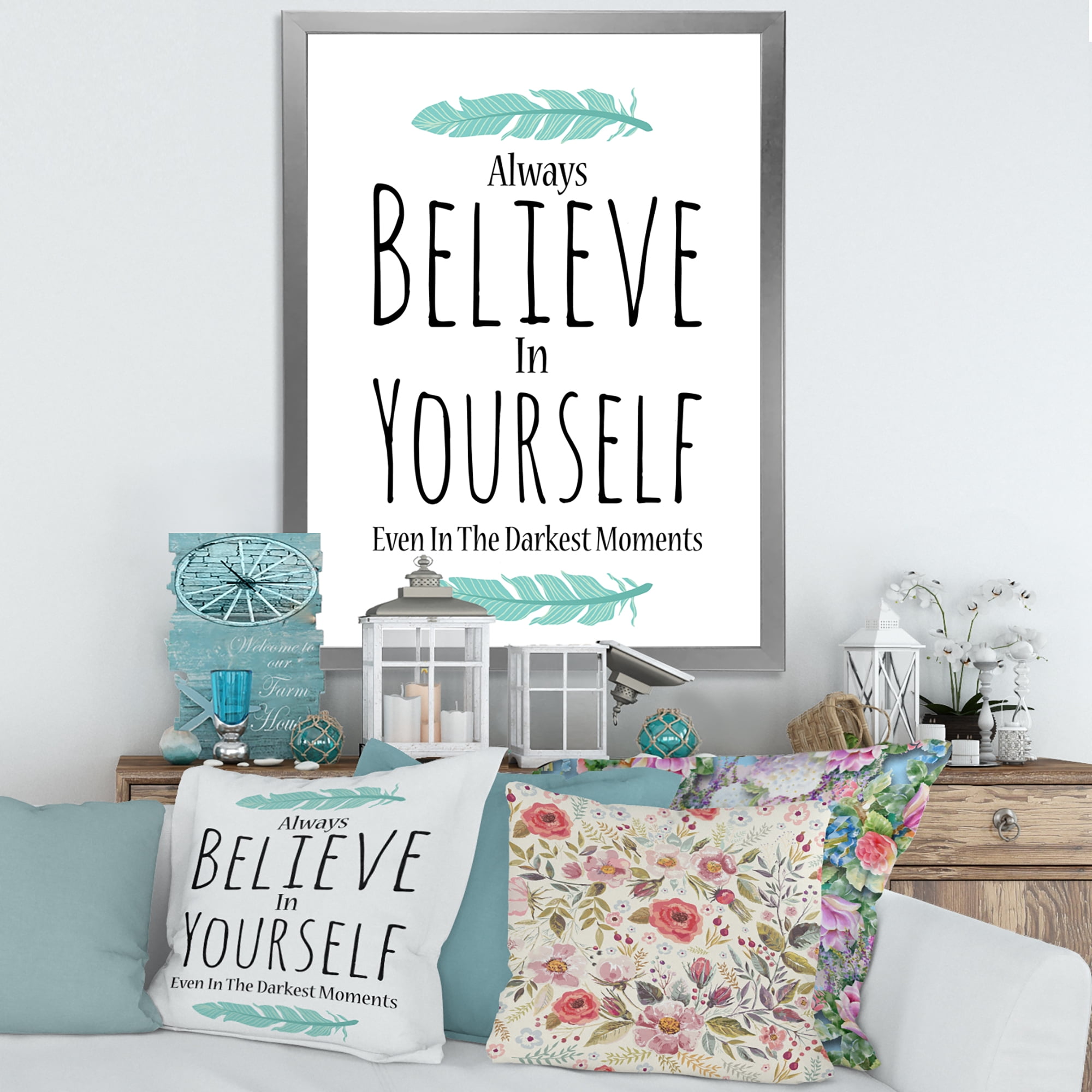 Designart 'Believe In Yourself Quote On White' Traditional Framed Art Print
