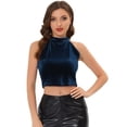 thumbnail image 1 of INSPIRE CHIC Top corto de fiesta con capas básicas de terciopelo y cuello halter para mujer Azul profundo L, 1 of 5