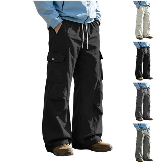 Bxsruta Men's Cargo Pants Loose Fit Drawstring Waist Multi-Pocket Straight Leg Trousers for Outdoor Hiking and Streetwear
