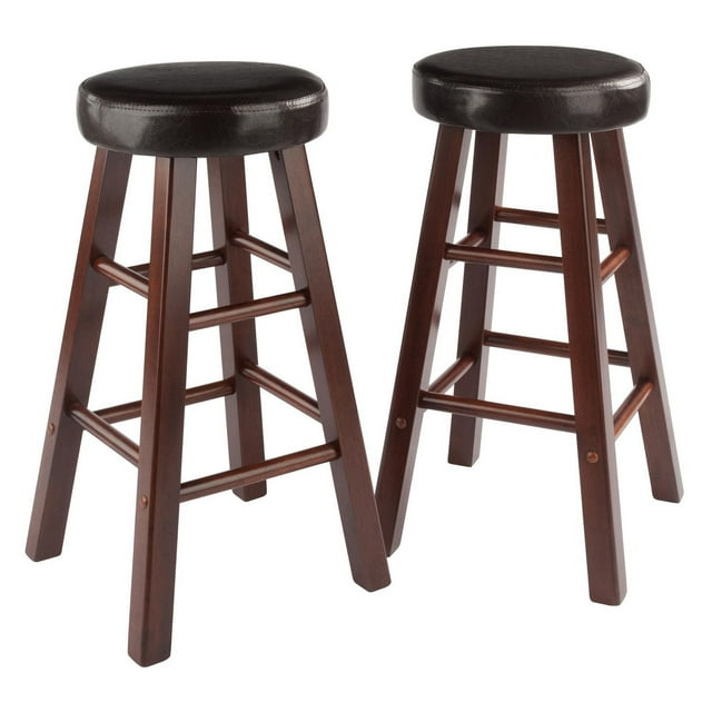 Maria 2-piece set of wooden counter stools with dark brown cushioned round seats and sturdy leg supports.