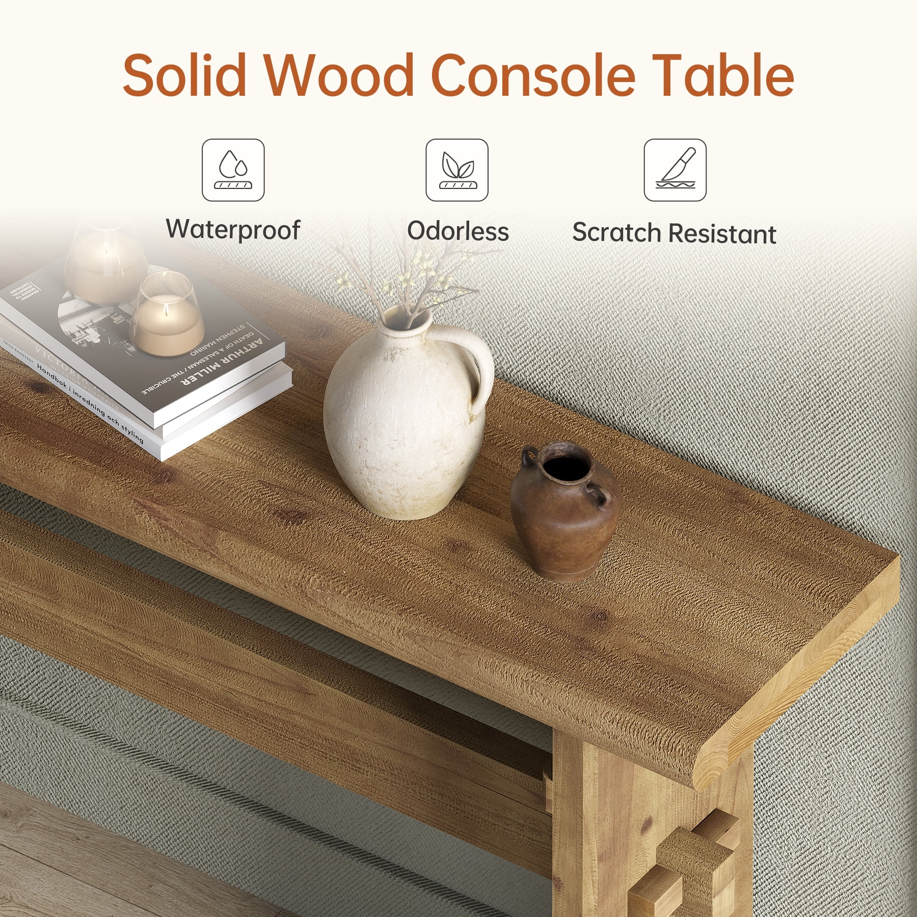 Finmind Solid Wood Console Table for Entryway, 63-Inch Long Farmhouse Sofa Table Behind Couch, for Foyer, Hallway, Living Room