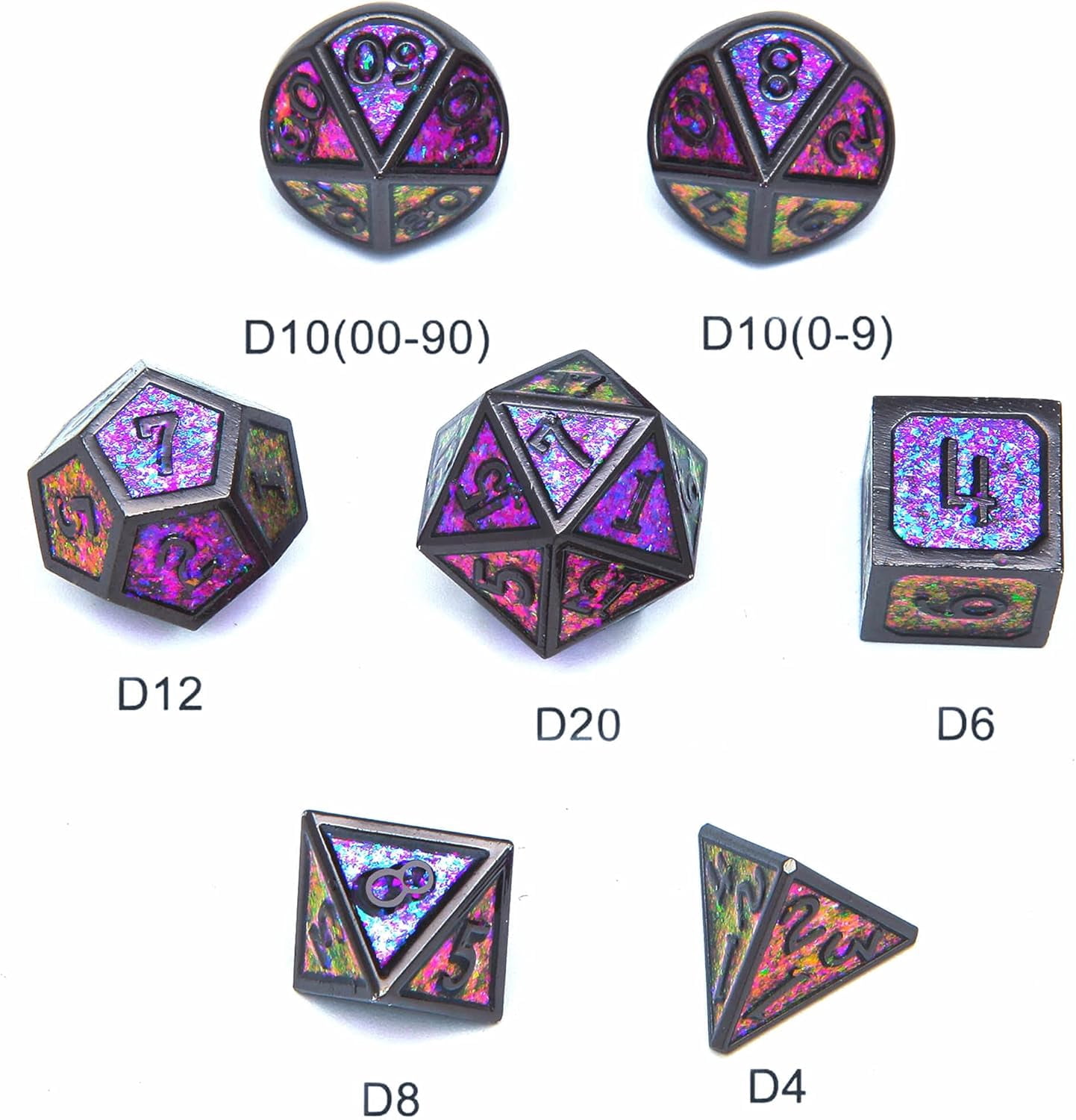 The DND Metal Polyhedral Dice Set, a 7-piece set, is perfect for Dungeons and Dragons role-playing board games and makes a wonderful holiday party gift and decoration.