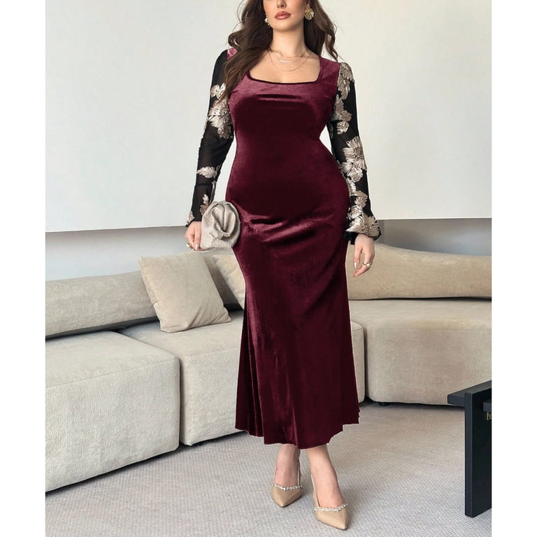 red bodycon dress long sleeve AURA U Neck Wine Elegant Party Dress Plus Size 0XL 4XL Sleeve length (7) African_dashiki Kimchi Blue Cool Intentions Size:2XL(18)