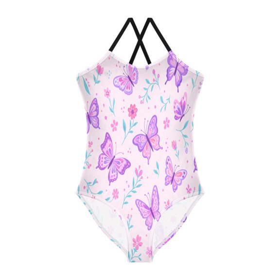 TTYFWHD Toddler Girls One Piece Swimsuit, Quick Dry Summer Beach Swimwear for Kids, 3T-10T Butterfly Floral Seamless Pattern