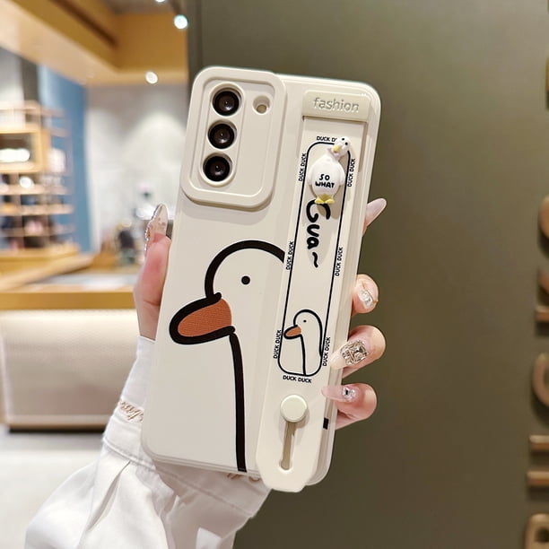 3D Cute Cartoom Duck Wrist Band Holder Stand Bracket Case For Samsung Galaxy S23 Ultra S22 Ultra S21 FE S20 Plus S10 Plus S9 Plus A53 A33 A73 5G Shockproof Cover