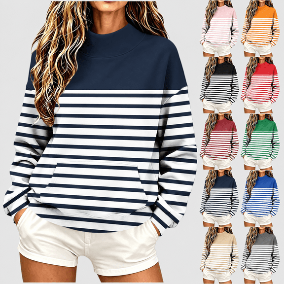 Yutgune Women's Striped Sweatshirt Long Sleeve Mock Neck Pullover Casual Relaxed Fit Top