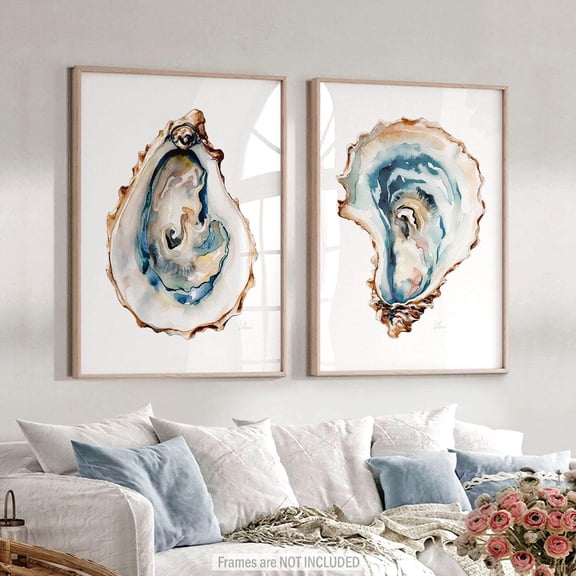 UNFFRAMED Oyster Wall Art Prints: Coastal Sea Shells, Beach Home Decor Set 2 Prints 8x12