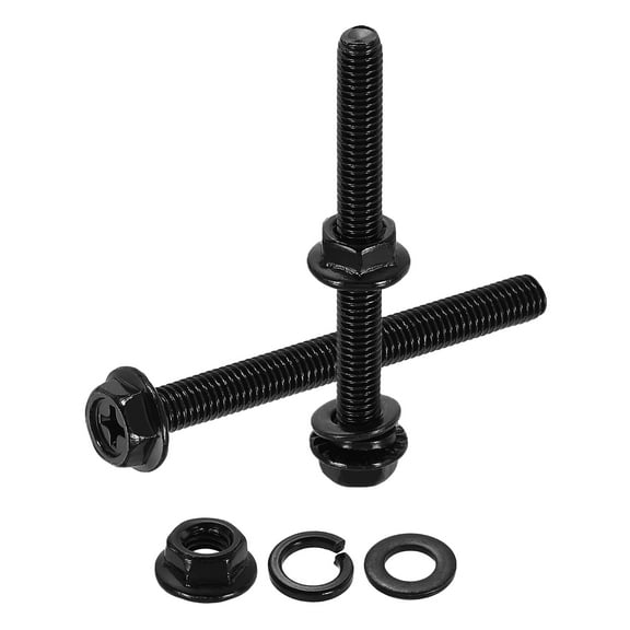 M5 x 50mm 10Pcs Phillips Flanged Hex Bolts with Nuts, Flat & Lock Washers, Black