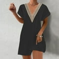 thumbnail image 1 of Mefallenssiah Robe d'Été Mode Femme Décontractée Unie Col en V Manches Courtes Vacances Dentelle, 1 of 7