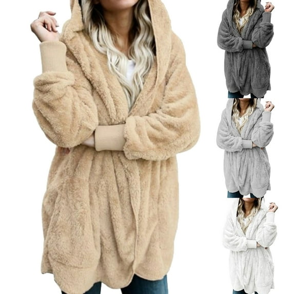 Winter Women Hooded Coat Long Sleeve Faux Fur Jacket for Daily Wear