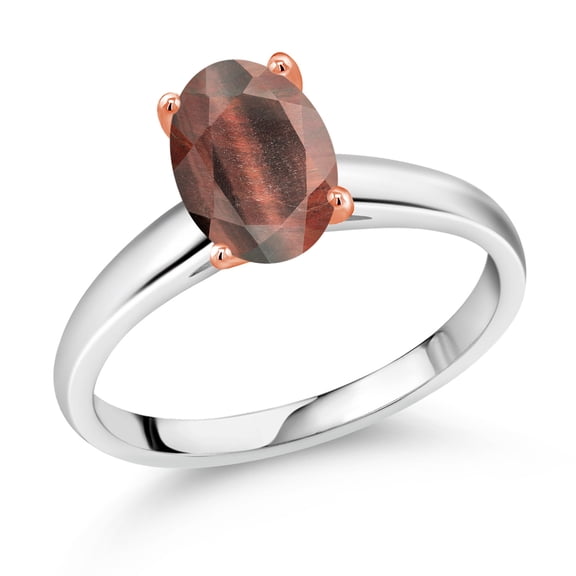 Gem Stone King 1.50 Ct Oval Red Tiger Eye 10K White and Rose Gold Ring (Size 6)