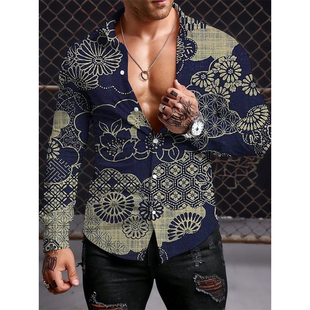 Camisa de estilo étnico de manga larga para hombre, camisa de otoño de gran tamaño con botón de solapa, camisa de manga larga para hombre, camisas casuales para exteriores