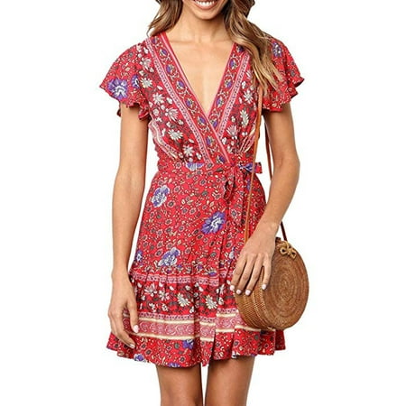 Womens V Neck Bohemian Floral Print Summer Beach Vintage Mini Dress with (Best Bohemian Clothing Stores)