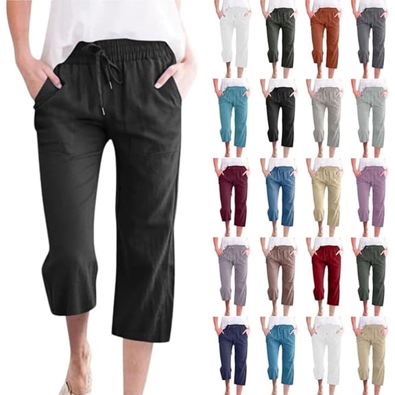 Yotami Womens Pants Cotton-Linen Capris for Women Summer Casual Wide-Leg Pants Lightweight Elastic-Waisted Drawstring Loose Pants with Pockets, Size S-XXXXXL