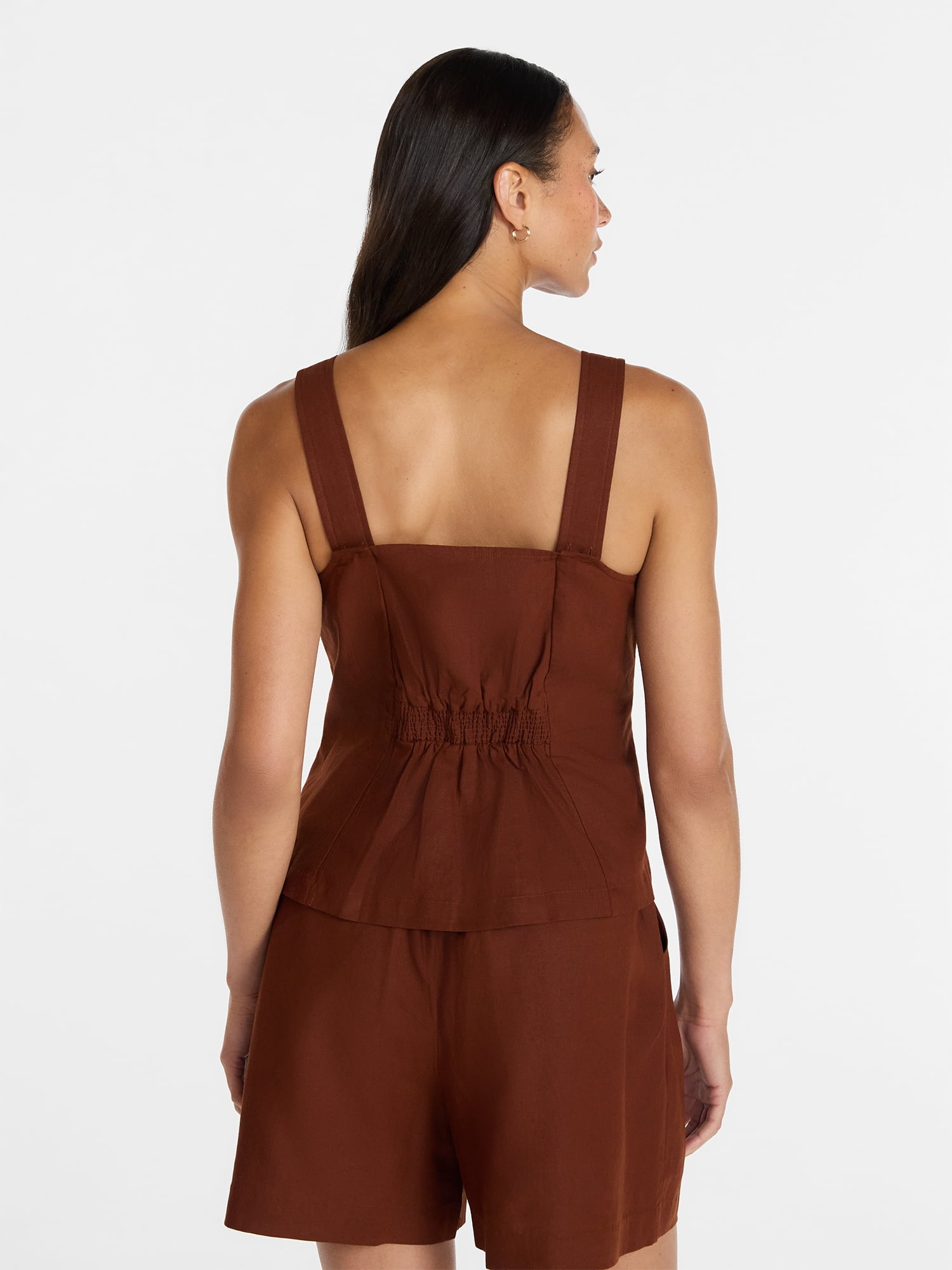 Time and Tru Women's Linen Blend Button Front Tank Top with Adjustable Straps, Sizes XS-XXXL