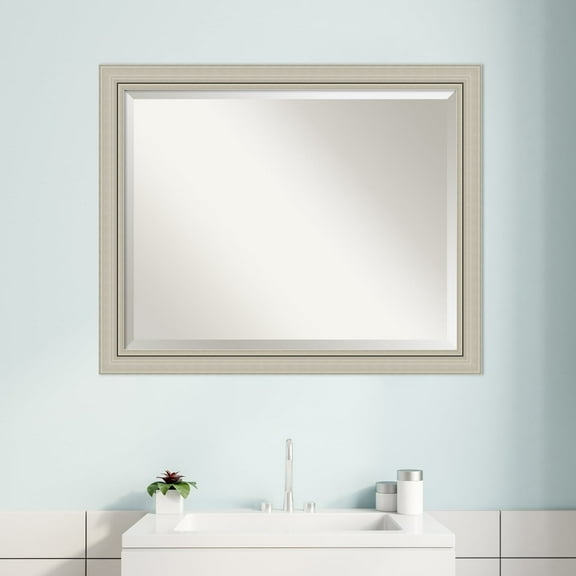 Amanti Art Beveled Wood Bathroom Wall Mirror - Romano Silver Narrow Frame - Outer Size: 32 x 26 in