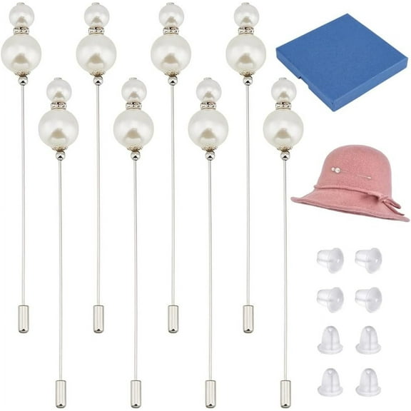 8Pcs Hat Pin White Pearl/Butterfly Vintage Safety Pins Brooches Pin Stick for Tie Scarf Western Cowboy Hats Silver