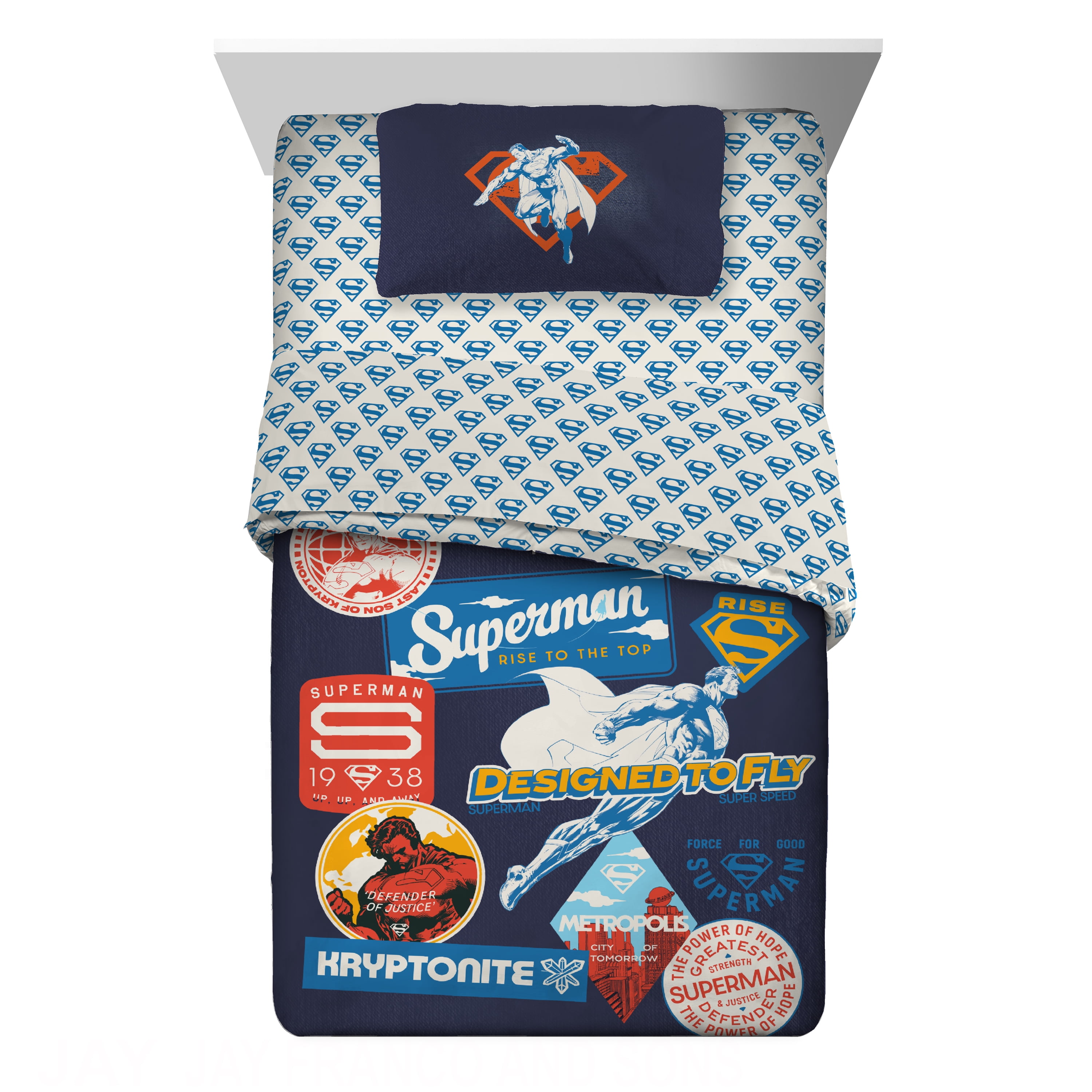 Superman Kids 4 Piece Reversible Comforter Set, Blue Gray, Twin Bed in a Bag